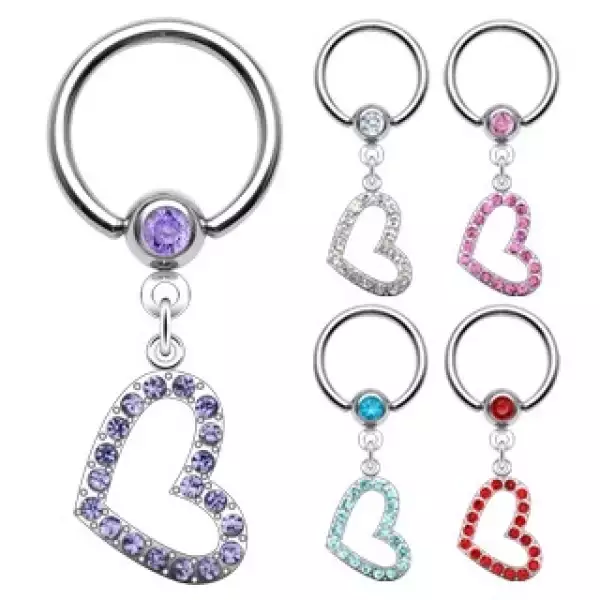 Karika piercing - cirkónia köves szív medál - A cirkónia színe: Piros - R