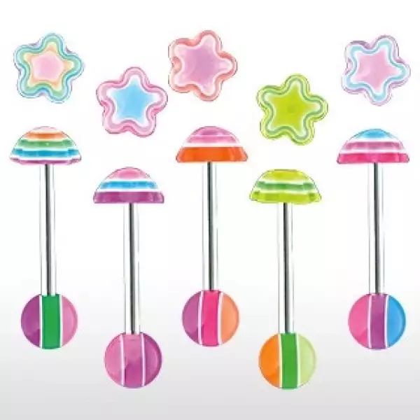 Nyelv piercing - többszínű virág fejecske - A piercing színe: Rózsaszín