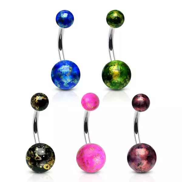 316L acél köldök piercing - színes golyók, arany visszfény - A piercing színe: Zöld