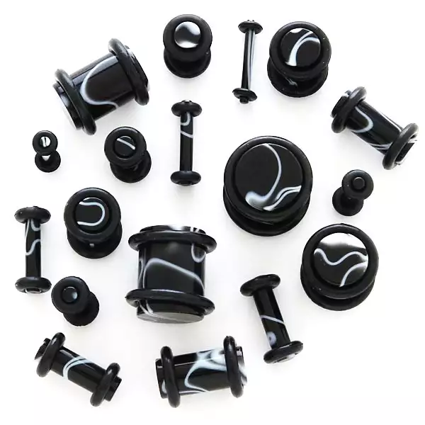 Fekete fültágító - fehér hullámok - Vastagság_ 2,5 mm