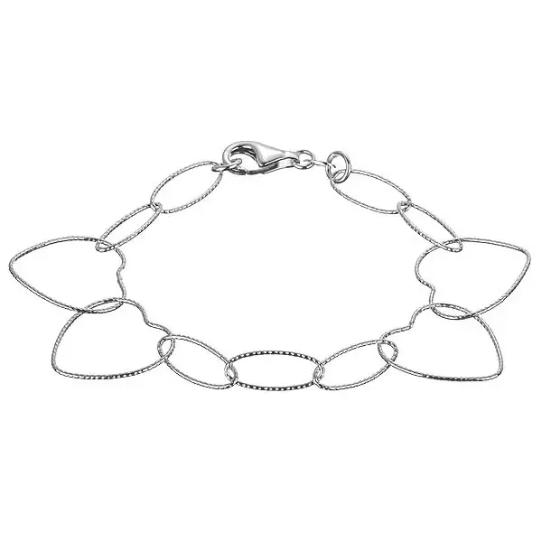 Ezüst karkötő - összekapcsolt mintázott szívek és oválisok