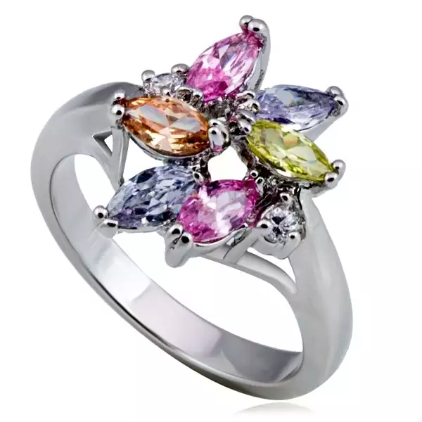 Fényes fém gyűrű - virág, színes könnycsepp- és kör alakú cirkóniák - Nagyság_ 52