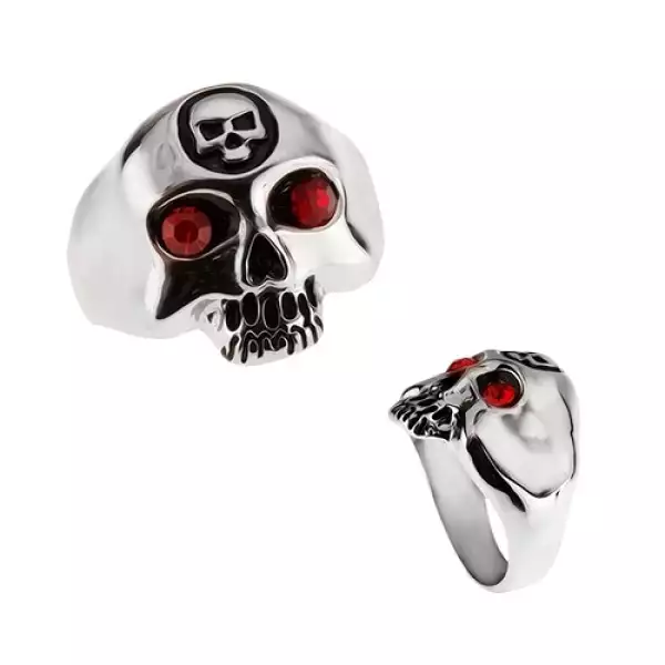 Acél gyűrű - koponya kisebb koponyával a homlokán - Nagyság_ 65