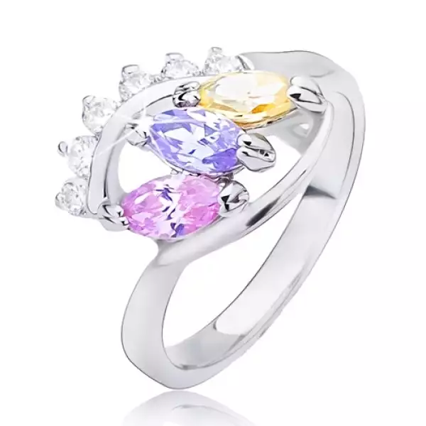 Fényes ezüst színű gyűrű - elipszis szines cirkóniákkal  - Nagyság_ 59