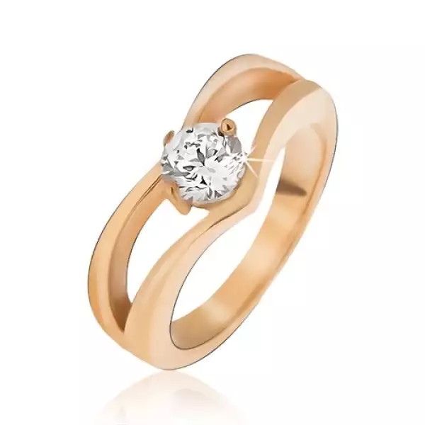 Arany színű gyűrű, kettőzött csúcs, kerek átlátszó kő - Nagyság_ 54