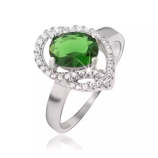 Ezüst gyűrű, ovális zöld kő, cirkóniás ívek - Nagyság_ 52