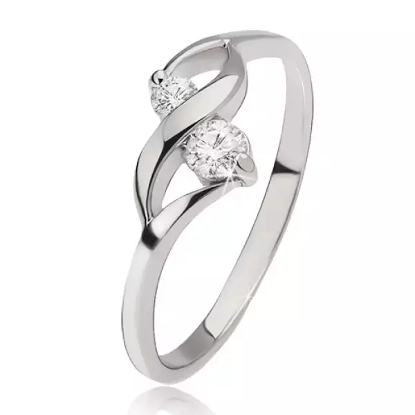 Ezüst gyűrű - fényes hullám, két kerek átlátszó kő a foglalatokban - Nagyság_ 60