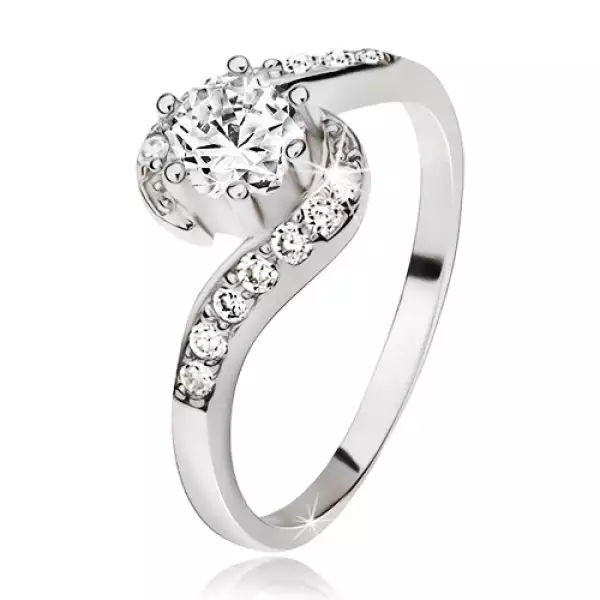 Ezüst gyűrű, hullámos cirkóniás szárak, kerek átlátszó kő - Nagyság_ 50