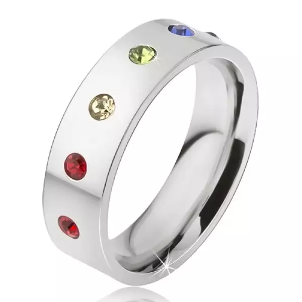 Fényes acél gyűrű, hat színes kerek kő - Nagyság_ 59