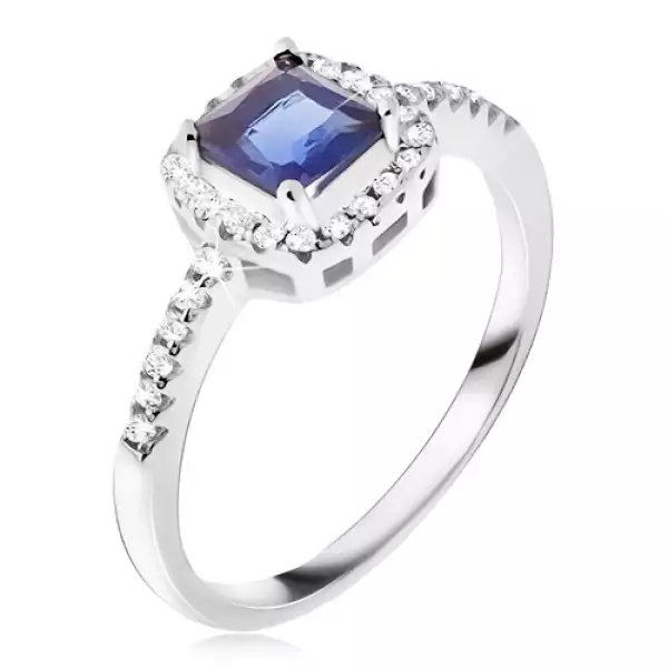Gyűrű 925 ezüstből, kék négyzetes kő, cirkóniás szegély - Nagyság_ 65
