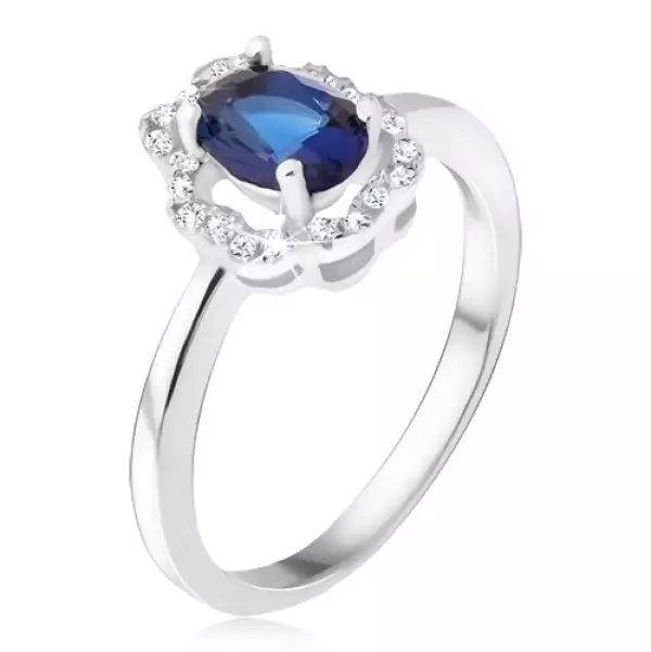 Gyűrű 925 ezüstből - sötétkék ovális kő, cirkóniás kontúr - Nagyság_ 52