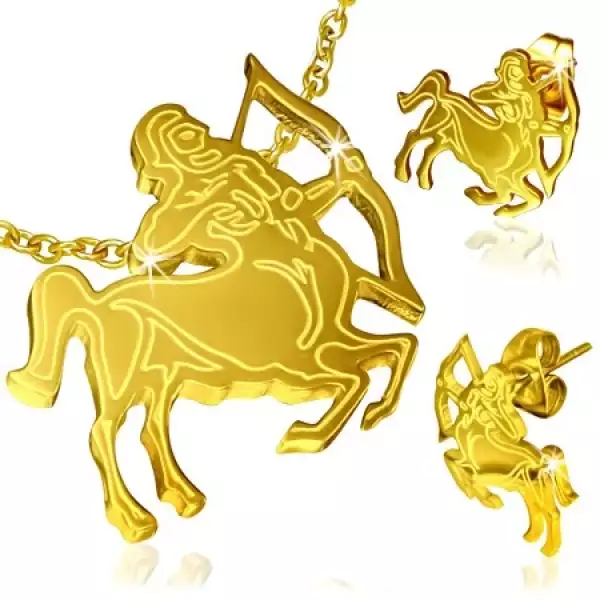 Arany színű acél szett, fülbevaló és medál, Nyilas csillagjegy