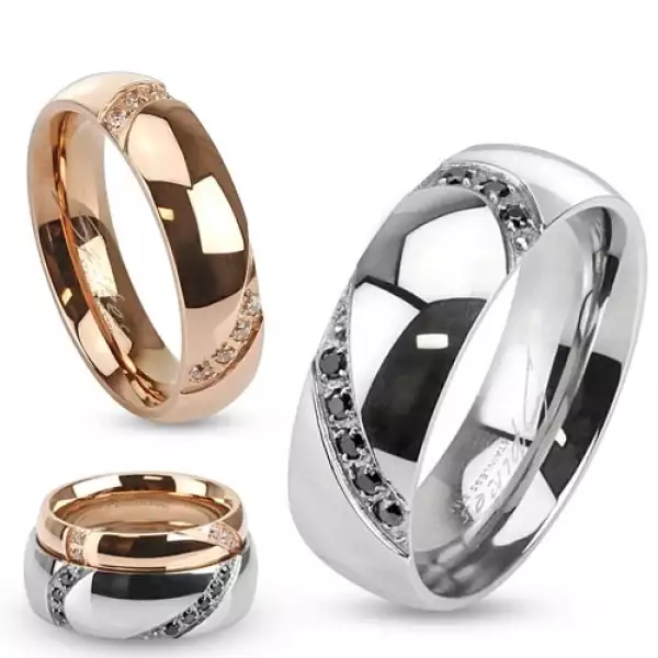 Gyűrű acélból, két hajlított bemetszés beültetett kövekkel - Nagyság_ 68