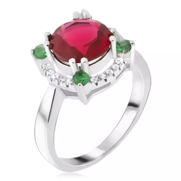 Gyűrű 925 ezüstből, cirkóniás kör, piros kő - Nagyság_ 52