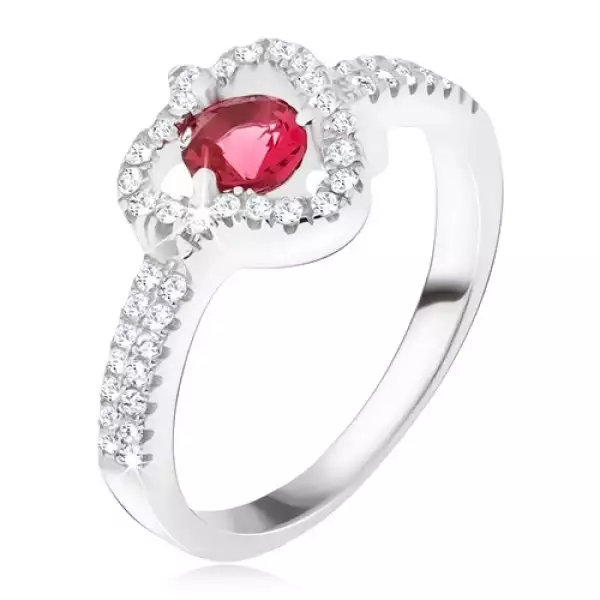 Gyűrű 925 ezüstből, piros kő, átlátszó cirkóniás háromszög - Nagyság_ 59