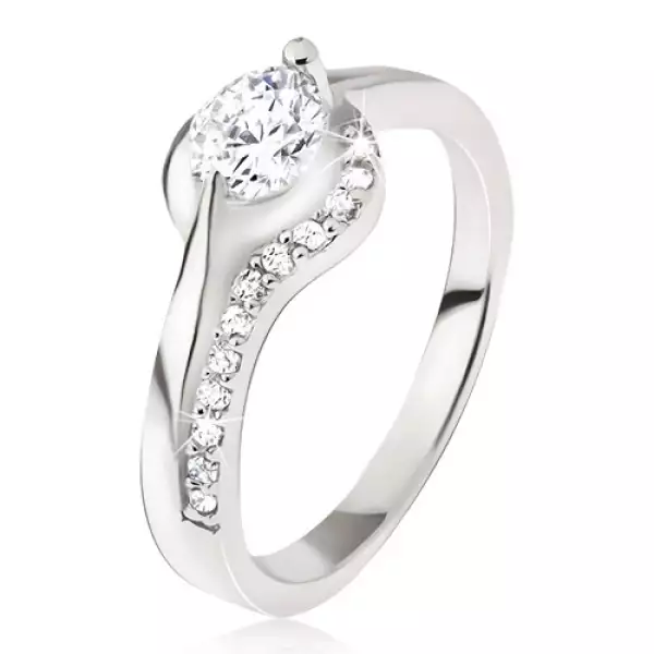 Ezüst gyűrű, kerek, átlátszó kő, lekerekített szárak, cirkóniák - Nagyság_ 60