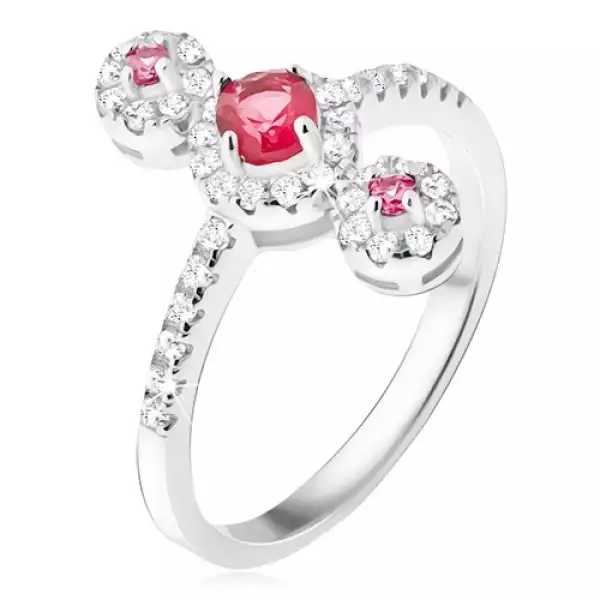 Gyűrű, három, piros kő, cirkóniás kerettel, 925 ezüst - Nagyság_ 60