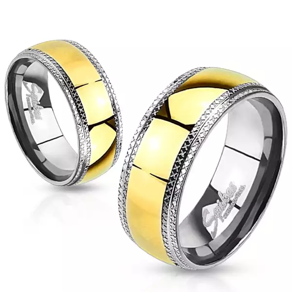 Acél karikagyűrű, arany színű sáv, csökkentett szélek recés sáv - Nagyság_ 59