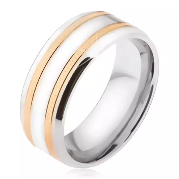 Karikagyűrű 316L acélból, két vésett sáv arany színben - Nagyság_ 59