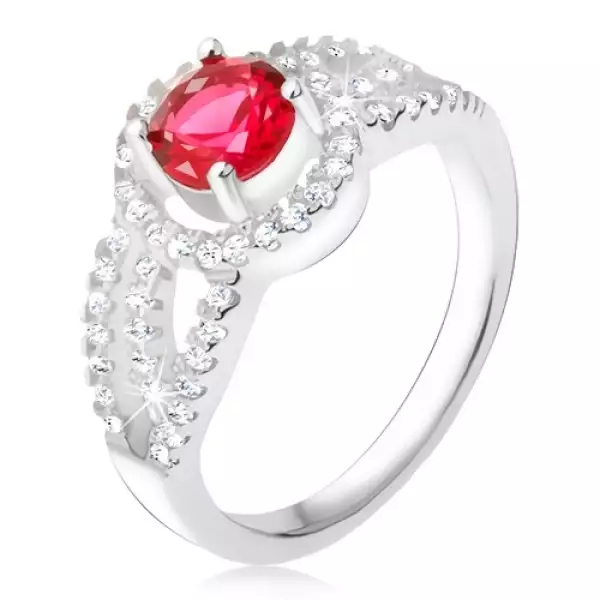 Gyűrű 925 ezüstből, piros kő cirkóniás kerettel, kerek vonalak - Nagyság_ 50