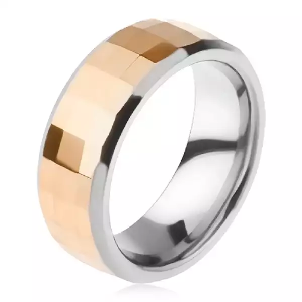 Wolfrám gyűrű - kétszínű, geometriai alakban csiszolt arany színű sáv - Nagyság_ 51