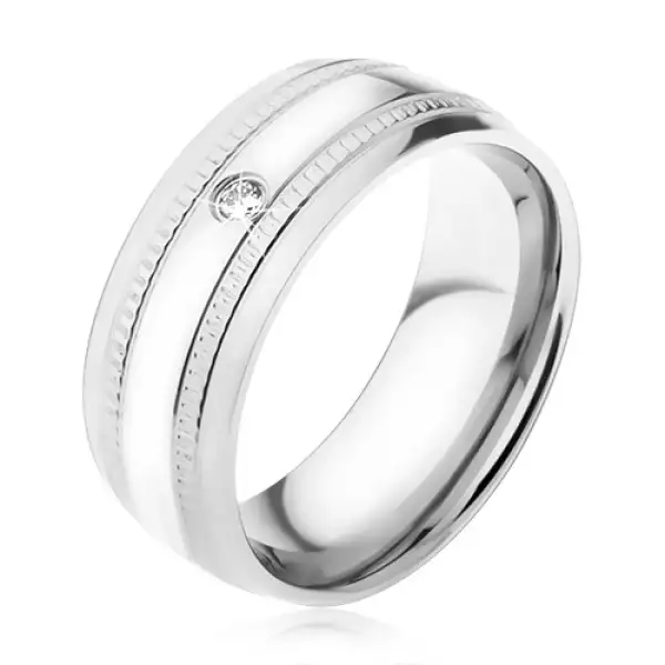 Gyűrű 316L acélból, átlátszó cirkónia, két vízszintes vésett sáv - Nagyság_ 67