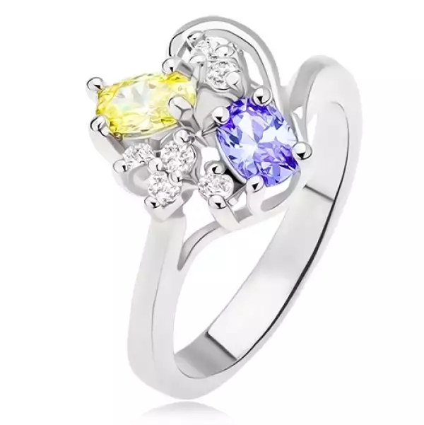 Gyűrű lila és sárga ovális kövekkel, átlátszó cirkóniák - Nagyság_ 56