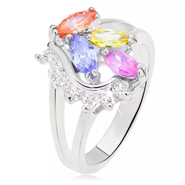 Gyűrű kettős szárakkal, színes, magszem alakú kövek, átlátszó, ívelt vonal - Nagyság_ 57