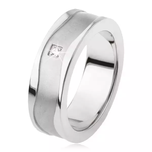 Gyűrű titánból, matt felülettel és fényes hullámokkal, átlátszó kő - Nagyság_ 54