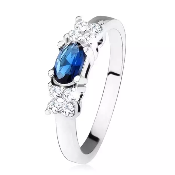 Fényes gyűrű - 925 ezüst, sötétkék, ovális cirkónia, lóhere, átlátszó kövek - Nagyság_ 59