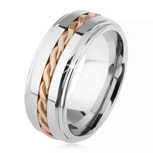 Fényes tungsten gyűrű, ezüstözött, kiemelkedő közép rész, fonott minta - Nagyság_ 55