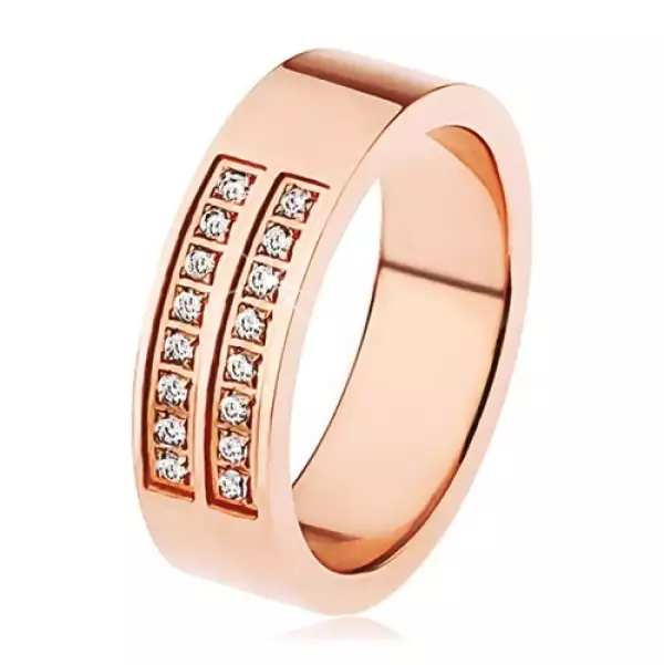 Fényes, acél gyűrű, réz színben, két átlátszó cirkóniákból álló vonal - Nagyság_ 60