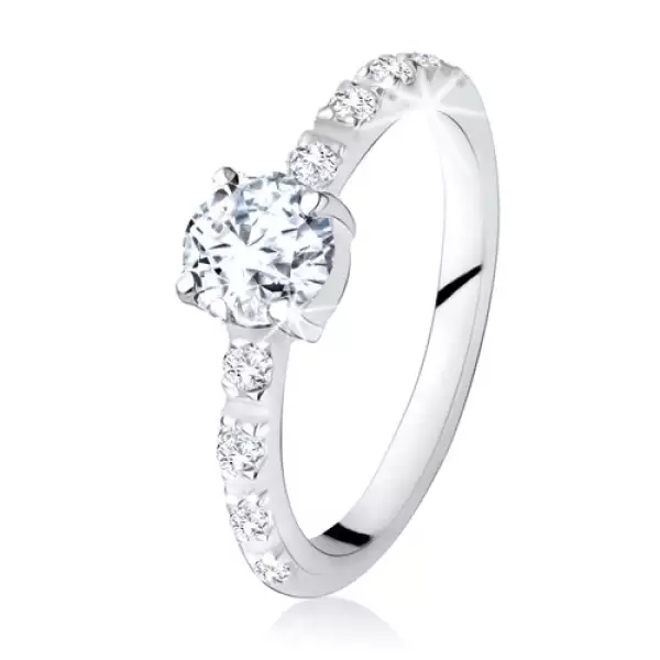 925 ezüst gyűrű, kerek, átlátszó kő, cirkóniákkal díszített szárak - Nagyság_ 54