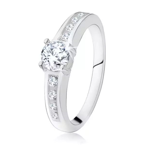 925 ezüst, eljegyzési gyűrű, kerek, átlátszó kő, díszített szárak - Nagyság_ 48