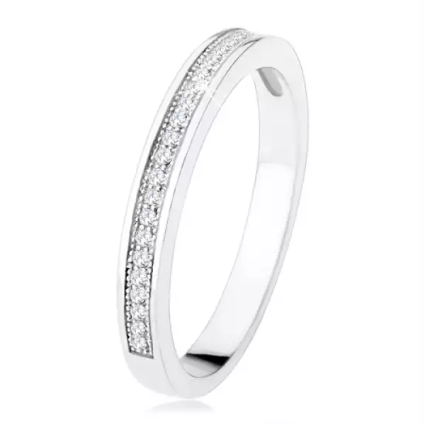 Karikagyűrű 925 ezüstből, vízszintes átlátszó cirkóniás vonal, gravírozott golyók  - Nagyság_ 60