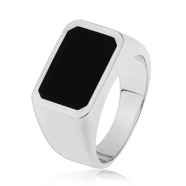 Gyűrű 925 ezüstből, sima és fényes felület, téglalap fekete fénymázzal - Nagyság_ 59