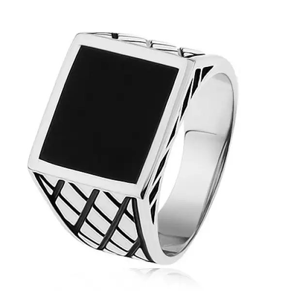 925 ezüst gyűrű, szárak rombusszal, fekete fénymázas négyzet - Nagyság_ 61