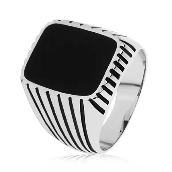 Gyűrű 925 ezüstből, fekete sávok a szárakon, téglalap fekete fénymázzal - Nagyság_ 55
