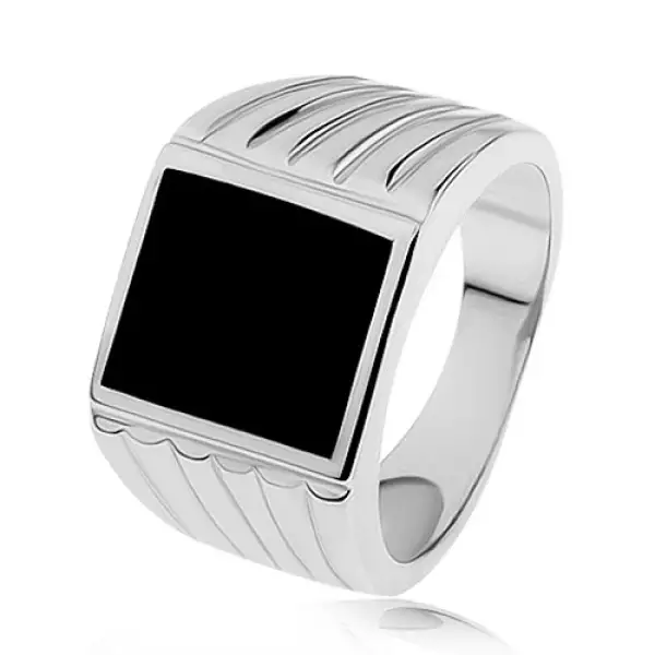 925 ezüst gyűrű, szárak bevágásokkal, fekete fénymázas téglalap - Nagyság_ 57