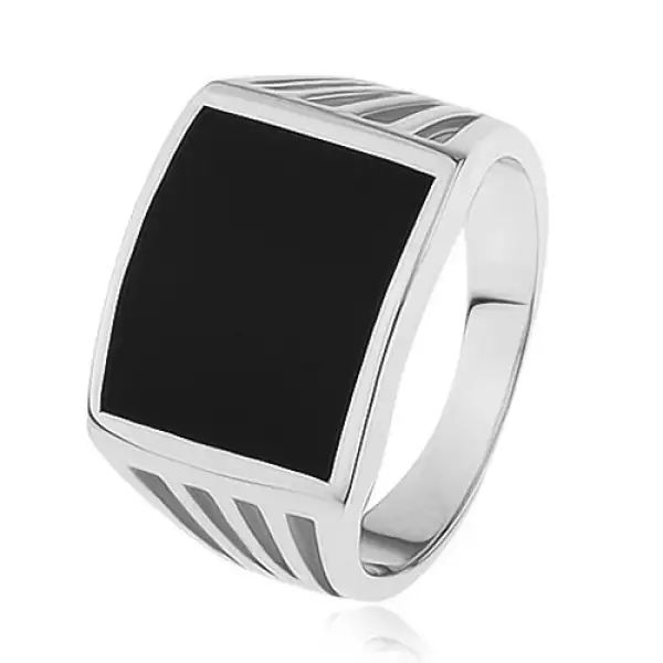 Gyűrű 925 ezüstből - fekete téglalap, dísz kivágások a szárakon - Nagyság_ 70