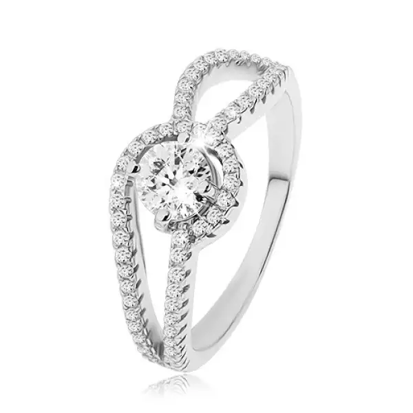 925 ezüst gyűrű, díszített lekerekített szárak, kerek átlátszó cirkónia, recézet - Nagyság_ 49