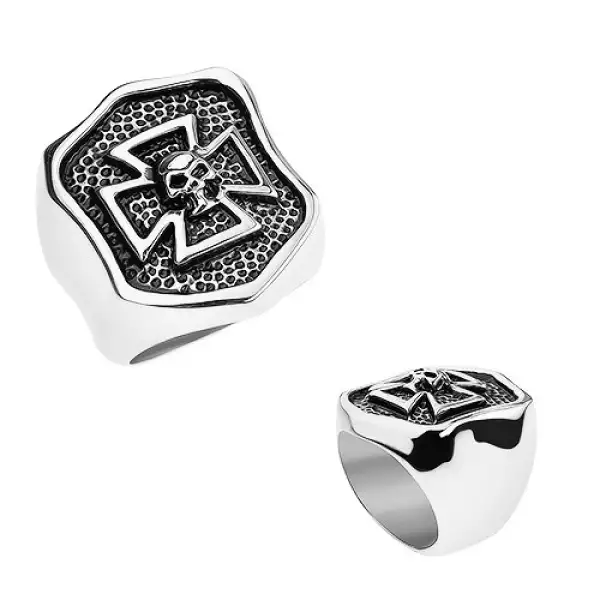 Gyűrű 316L acélból, patináns címer máltai kereszttel és koponyával - Nagyság_ 64