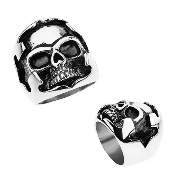 Patinált gyűrű sebészeti acélból, kivágott kereszt, koponya - Nagyság_ 67