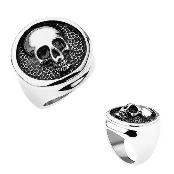 Gyűrű 316L acélból, karika kidomborodó szegéllyel, koponya, fekete patina - Nagyság_ 61