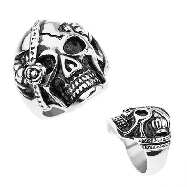 Acél gyűrű ezüst színben, koponya szemtakaróval, királyi korona - Nagyság_ 58