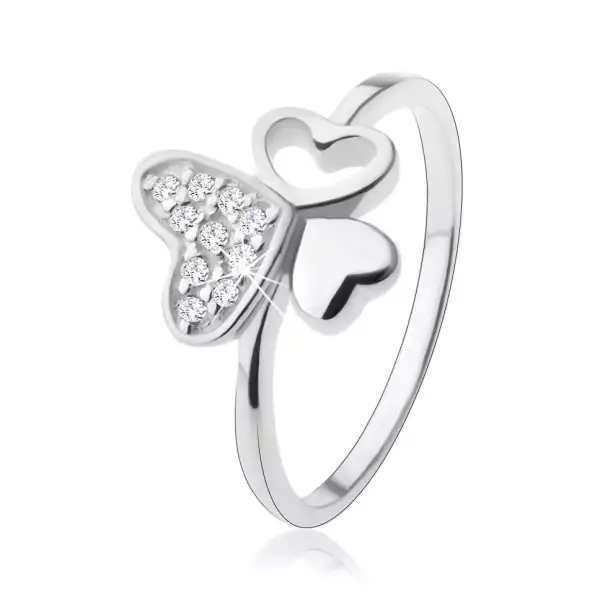 925 ezüst gyűrű, három különböző szív, átlátszó cirkóniák - Nagyság_ 55