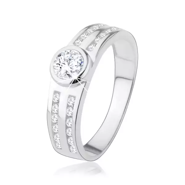 Eljegyzési gyűrű 925 ezüstből kerek, átlátszó cirkónia, csillogó vonalak - Nagyság_ 55