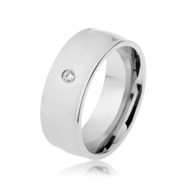 Gyűrű 316L acélból, ezüst szín, fény, kiemelkedú szélek, átlátszó cirkónia - Nagyság_ 57