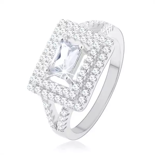 Gyűrű 925 ezüstből, átlátszó cirkónia - téglalap, csillogó keret, kettős szárak - Nagyság_ 56