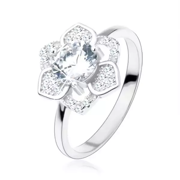 Gyűrű 925 ezüstből, csillogó virág, csiszolt átlátszó cirkónia, sima szárak - Nagyság_ 59